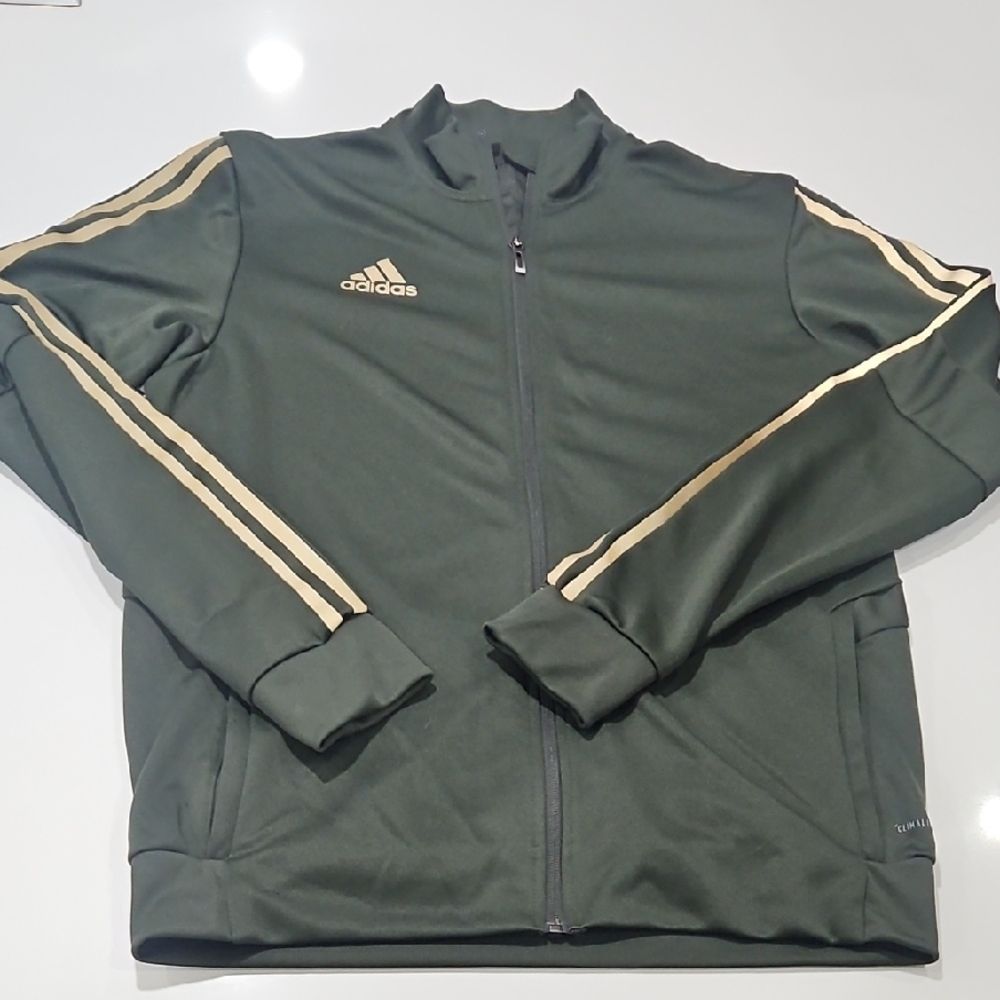 Adidas Men's Olive Jacket with Gold Accents Reflective. Full Zip Sz Med Unisex